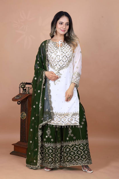 Function Wear Green Color Heavy Faux Georgette With Embroidery Sequence Work Sharara Suit