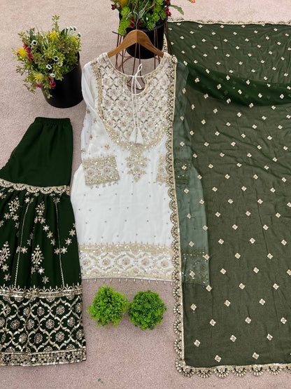 Function Wear Green Color Heavy Faux Georgette With Embroidery Sequence Work Sharara Suit