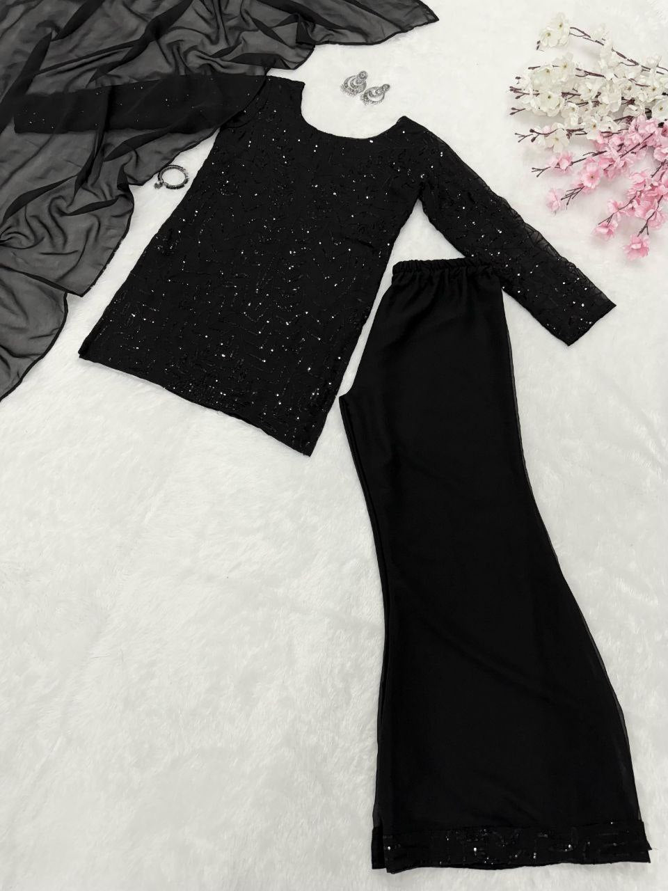 Casual Wear Black Color Pure Georgette Embroidery Sequins Work Palazzo Suit