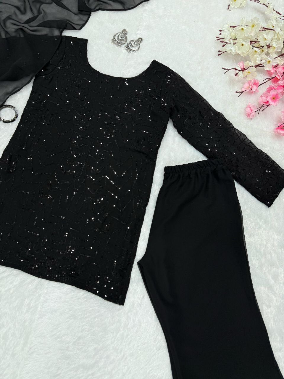Casual Wear Black Color Pure Georgette Embroidery Sequins Work Palazzo Suit