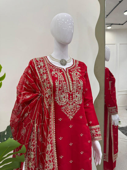 Admiring Red Color Roman Silk Thread With Sequence Work Palazzo Suit