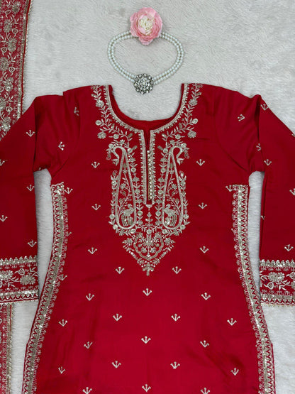 Admiring Red Color Roman Silk Thread With Sequence Work Palazzo Suit