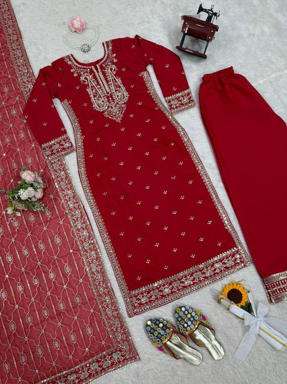 Admiring Red Color Roman Silk Thread With Sequence Work Palazzo Suit