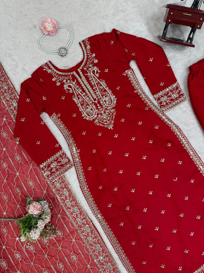 Admiring Red Color Roman Silk Thread With Sequence Work Palazzo Suit