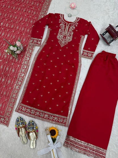 Admiring Red Color Roman Silk Thread With Sequence Work Palazzo Suit
