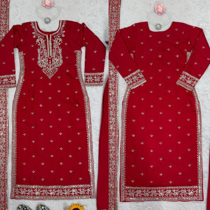 Admiring Red Color Roman Silk Thread With Sequence Work Palazzo Suit