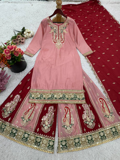 Bollywood Style Dusty Pink Color Pure Heavy Chinnon Silk With Heavy Embroidery Sequence Work Sharara Suit