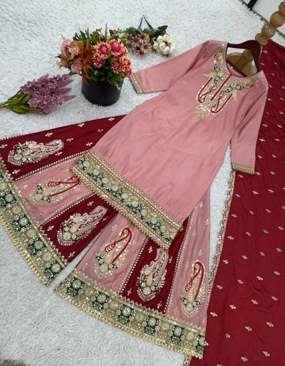 Bollywood Style Dusty Pink Color Pure Heavy Chinnon Silk With Heavy Embroidery Sequence Work Sharara Suit
