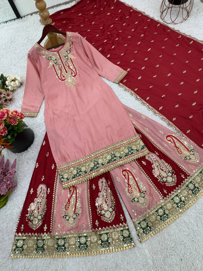 Bollywood Style Dusty Pink Color Pure Heavy Chinnon Silk With Heavy Embroidery Sequence Work Sharara Suit