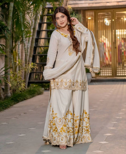 Bollywood Style White Color Pure Heavy Natural Crep Silk With Heavy Embroidery Work Sharara Suit
