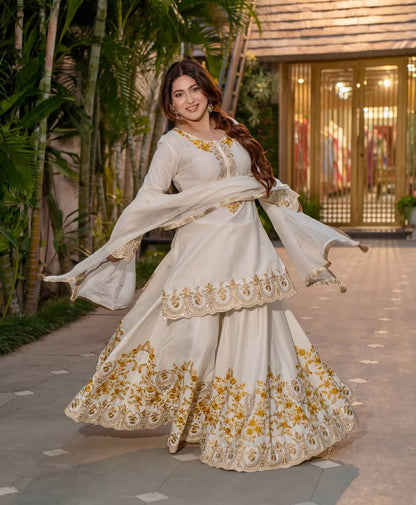 Bollywood Style White Color Pure Heavy Natural Crep Silk With Heavy Embroidery Work Sharara Suit