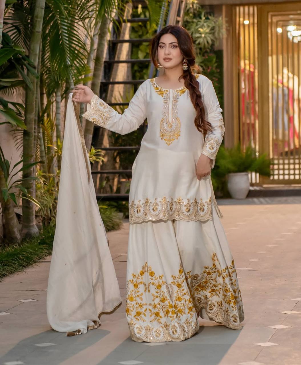 Bollywood Style White Color Pure Heavy Natural Crep Silk With Heavy Embroidery Work Sharara Suit