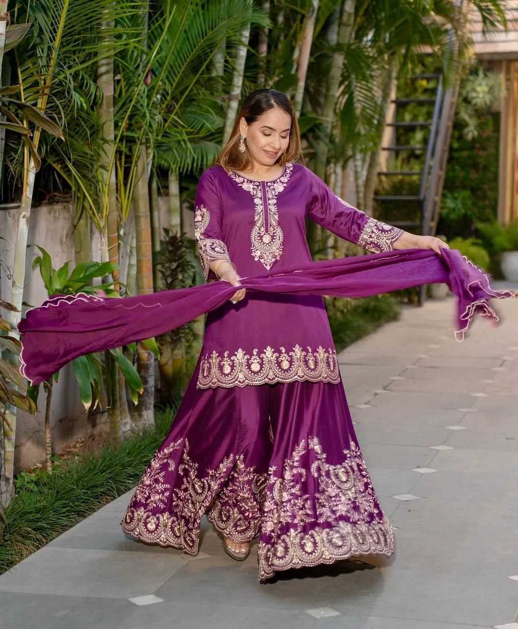 Bollywood Style Wine Color Pure Heavy Natural Crep Silk With Heavy Embroidery Work Sharara Suit