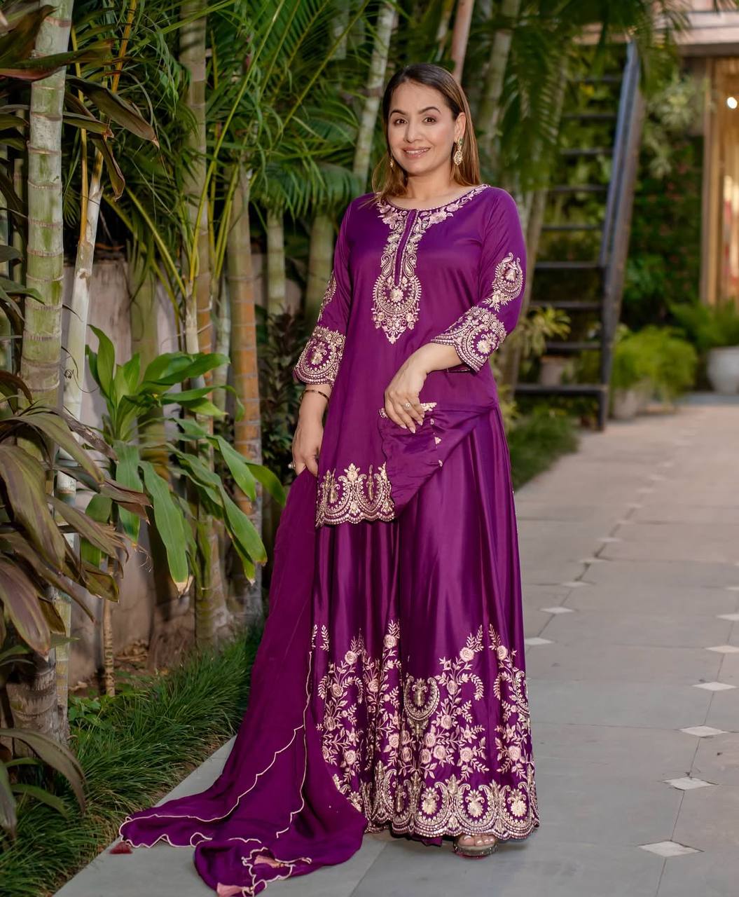 Bollywood Style Wine Color Pure Heavy Natural Crep Silk With Heavy Embroidery Work Sharara Suit