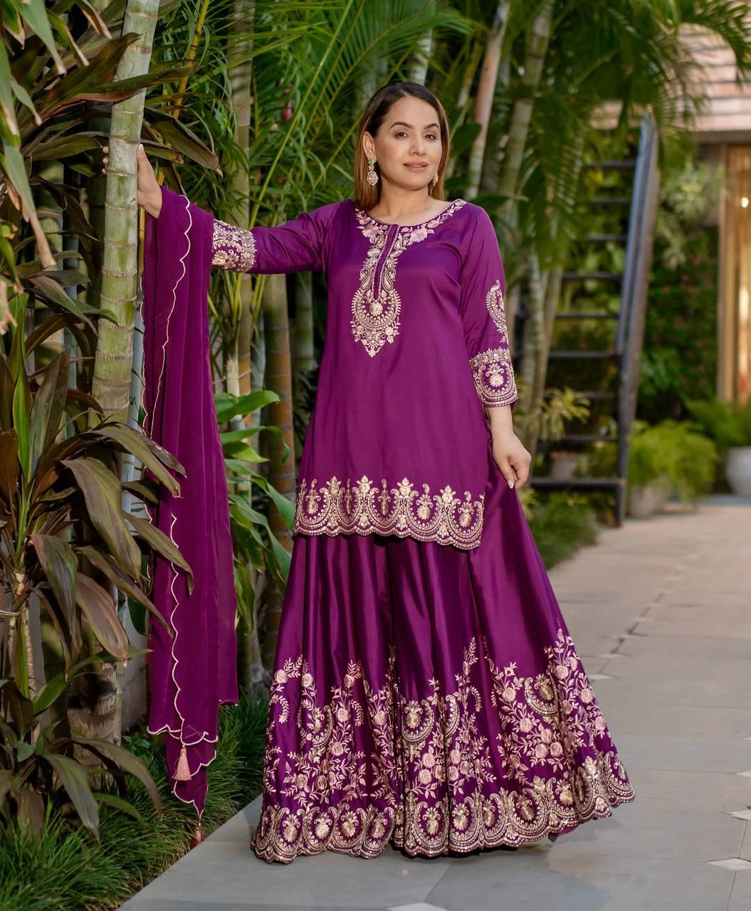 Bollywood Style Wine Color Pure Heavy Natural Crep Silk With Heavy Embroidery Work Sharara Suit