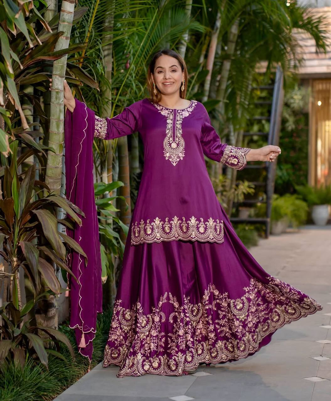 Bollywood Style Wine Color Pure Heavy Natural Crep Silk With Heavy Embroidery Work Sharara Suit