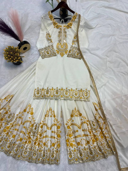 Bollywood Style White Color Pure Heavy Natural Crep Silk With Heavy Embroidery Work Sharara Suit