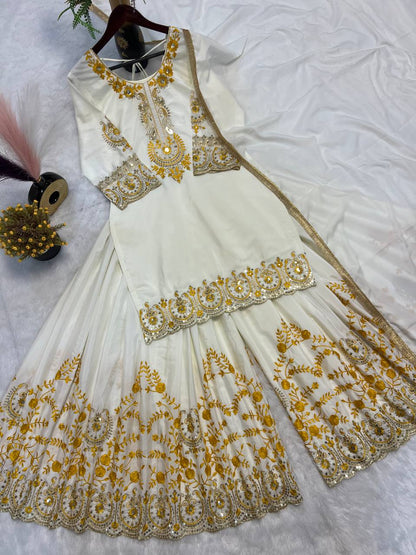 Bollywood Style White Color Pure Heavy Natural Crep Silk With Heavy Embroidery Work Sharara Suit