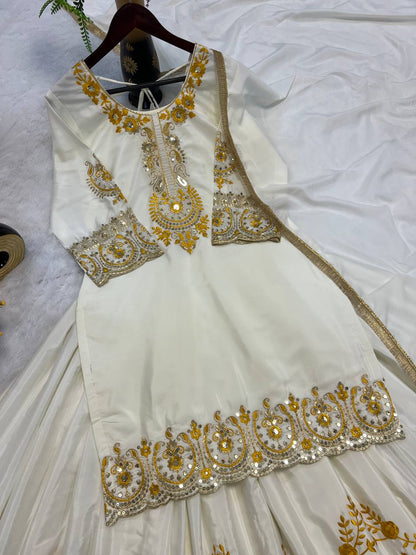 Bollywood Style White Color Pure Heavy Natural Crep Silk With Heavy Embroidery Work Sharara Suit