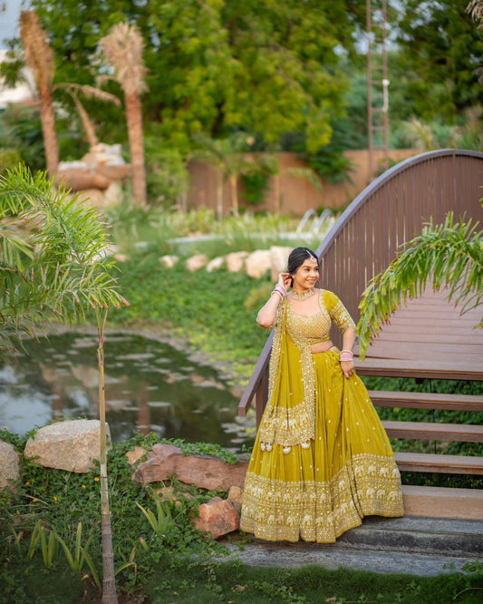 Bridal Wear Haldi Special Yellow Color Fox Georgette Heavy Embroidery Thread &amp; Sequence Work Lehenga Choli
