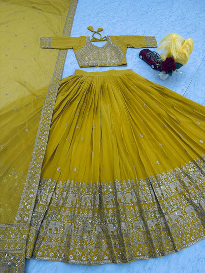 Bridal Wear Haldi Special Yellow Color Fox Georgette Heavy Embroidery Thread &amp; Sequence Work Lehenga Choli