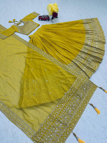 Bridal Wear Haldi Special Yellow Color Fox Georgette Heavy Embroidery Thread &amp; Sequence Work Lehenga Choli