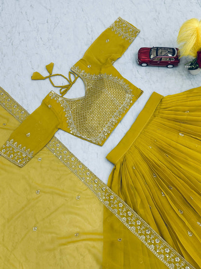 Bridal Wear Haldi Special Yellow Color Fox Georgette Heavy Embroidery Thread &amp; Sequence Work Lehenga Choli
