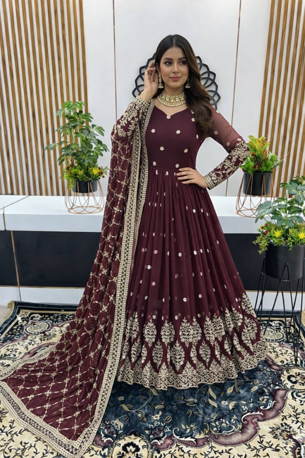 Designer Brown Color Embroidery Sequence Party Wear Gown