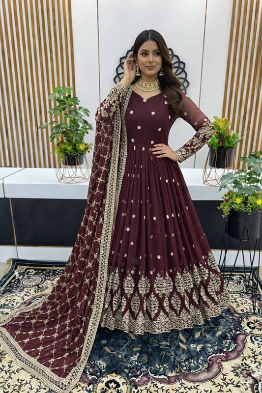 Designer Brown Color Embroidery Sequence Party Wear Gown
