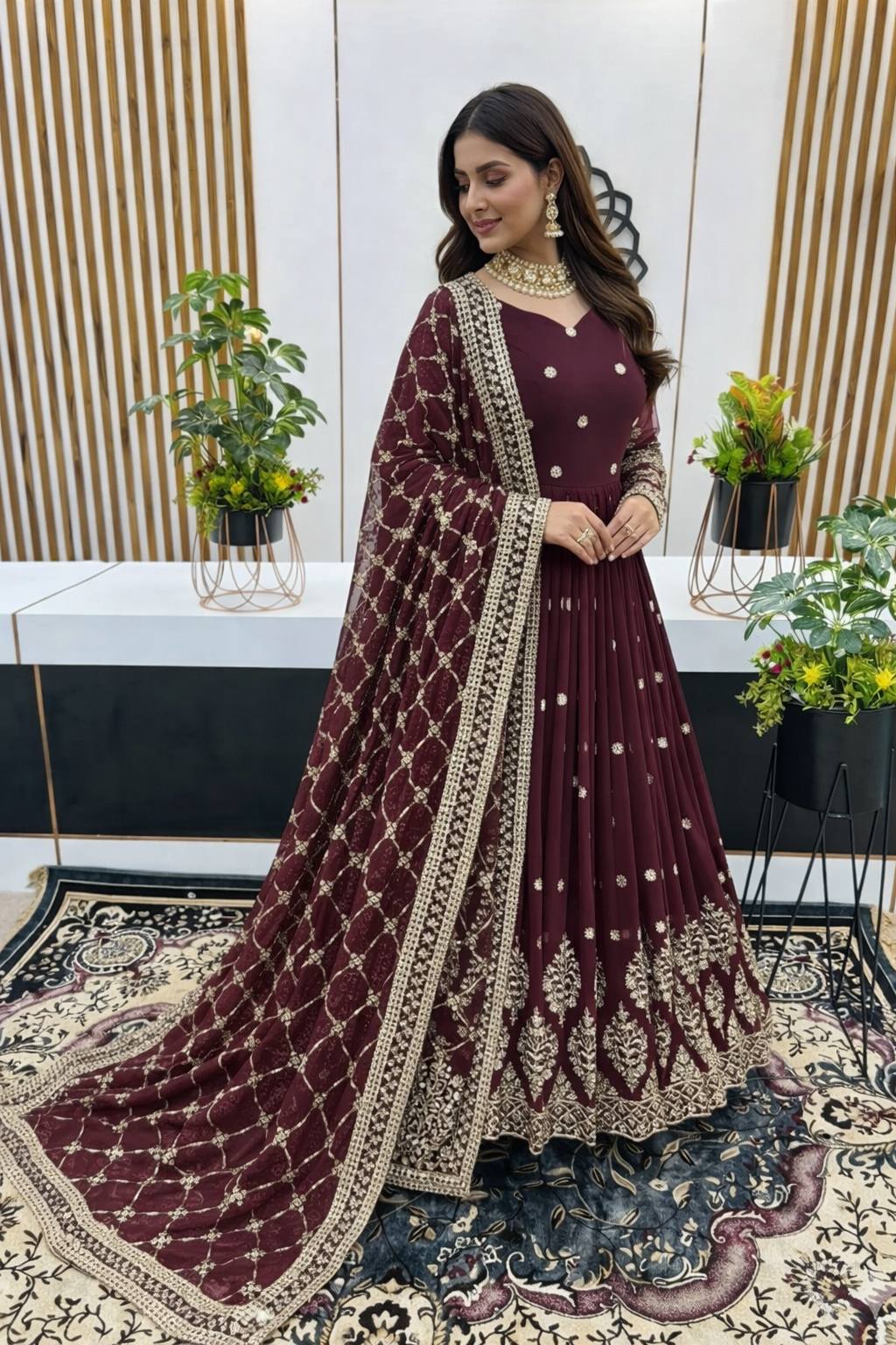 Designer Brown Color Embroidery Sequence Party Wear Gown