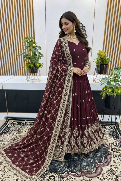 Designer Brown Color Embroidery Sequence Party Wear Gown