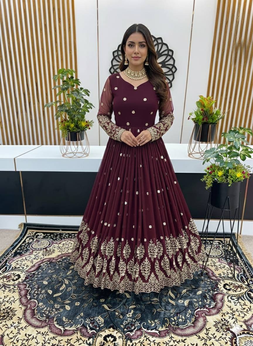 Designer Brown Color Embroidery Sequence Party Wear Gown