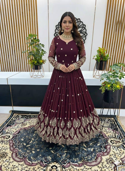 Designer Brown Color Embroidery Sequence Party Wear Gown