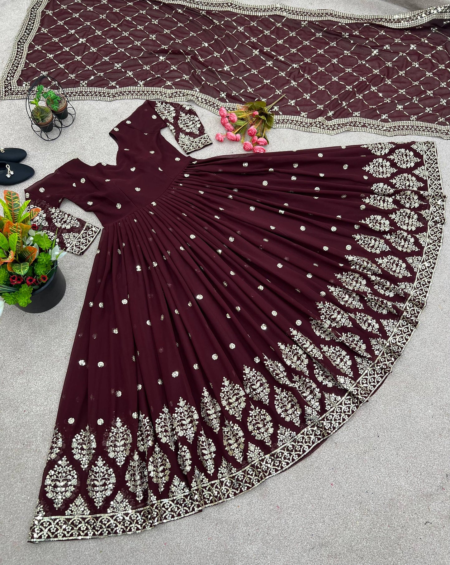 Designer Brown Color Embroidery Sequence Party Wear Gown
