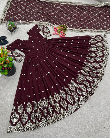 Designer Brown Color Embroidery Sequence Party Wear Gown