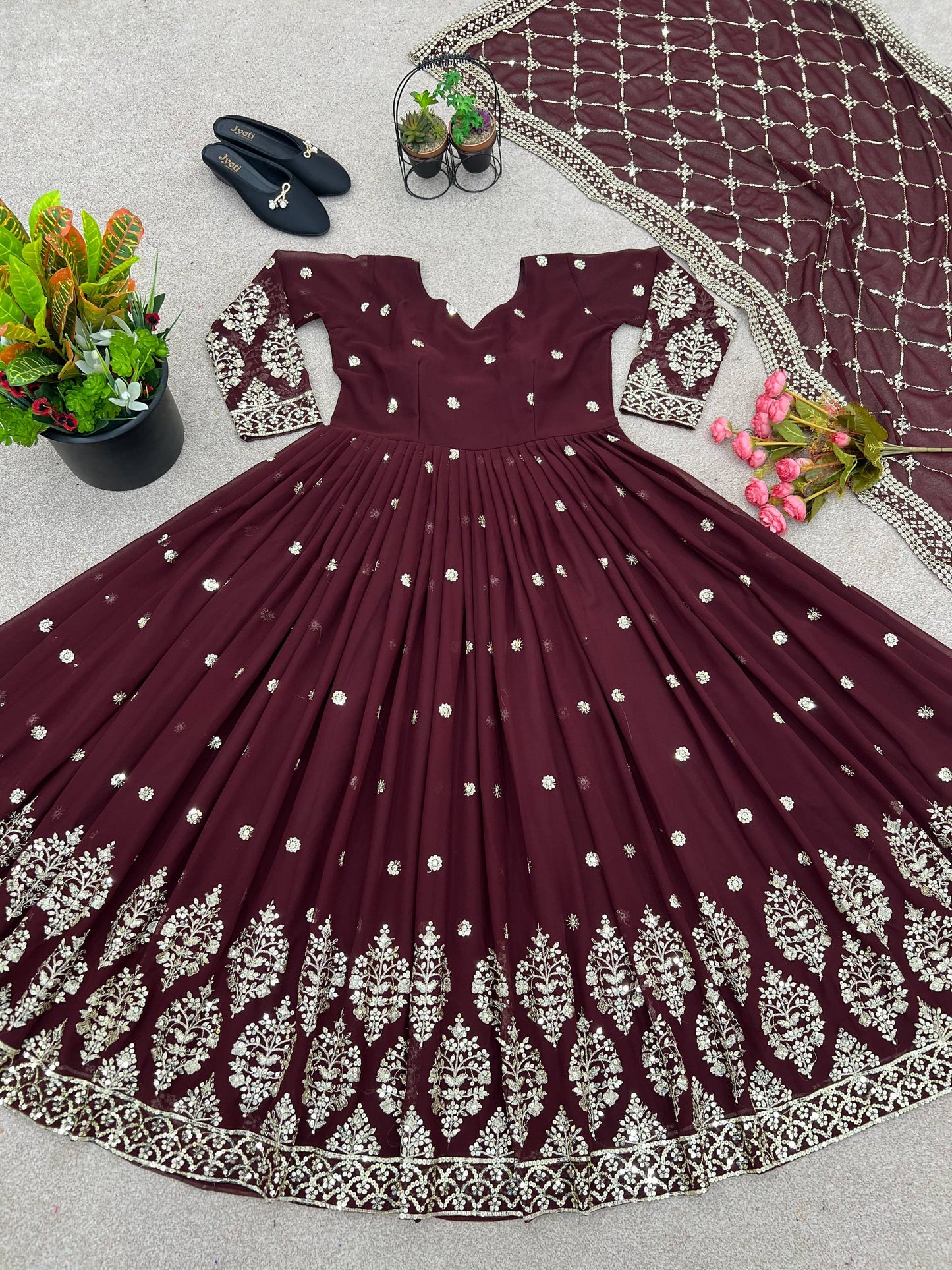 Designer Brown Color Embroidery Sequence Party Wear Gown