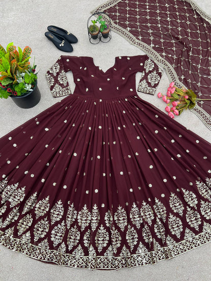 Designer Brown Color Embroidery Sequence Party Wear Gown