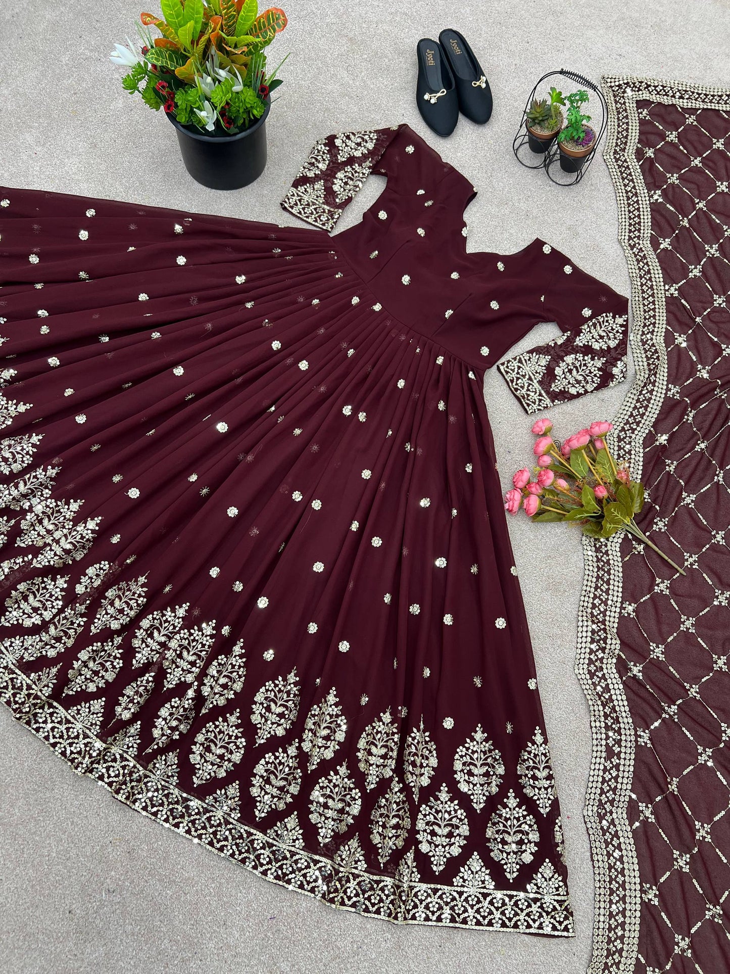 Designer Brown Color Embroidery Sequence Party Wear Gown