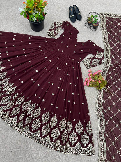 Designer Brown Color Embroidery Sequence Party Wear Gown