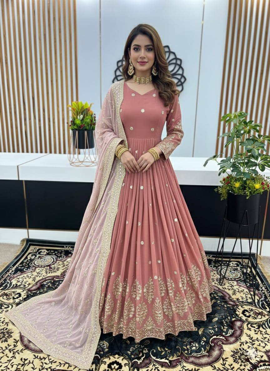 Designer Peach Color Embroidery Sequence Party Wear Gown