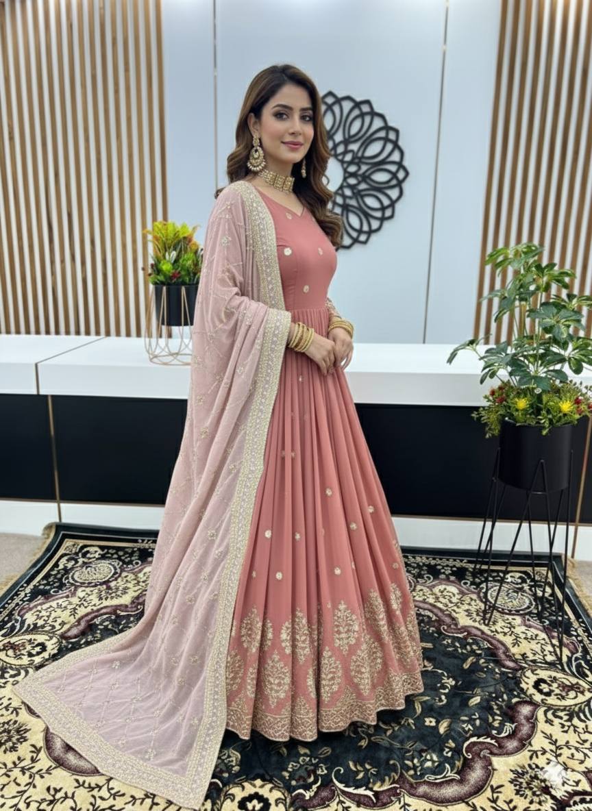 Designer Peach Color Embroidery Sequence Party Wear Gown