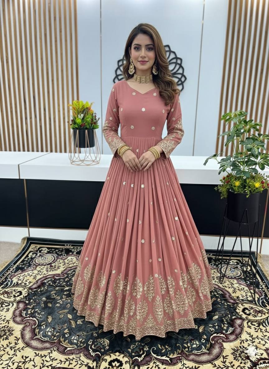 Designer Peach Color Embroidery Sequence Party Wear Gown