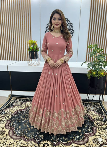 Designer Peach Color Embroidery Sequence Party Wear Gown