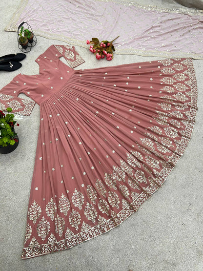 Designer Peach Color Embroidery Sequence Party Wear Gown