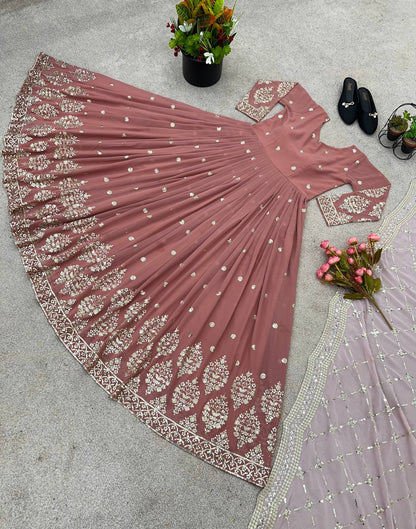 Designer Peach Color Embroidery Sequence Party Wear Gown