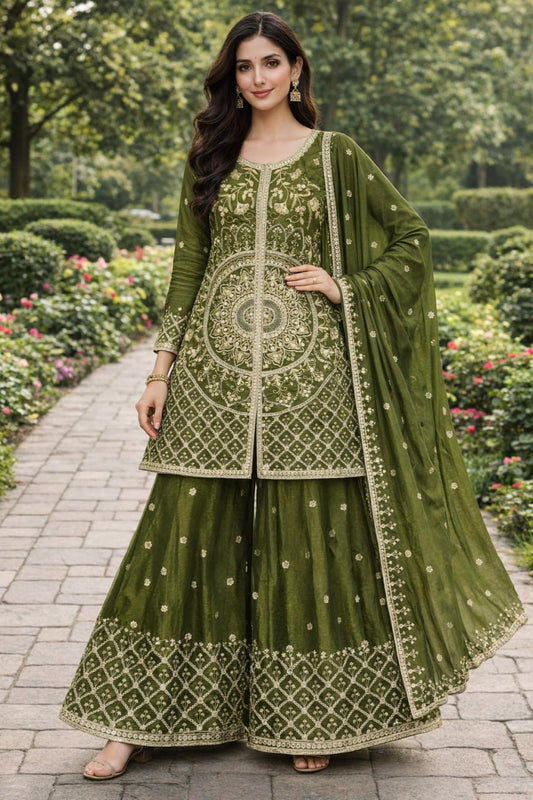 Designer Green Color Sequence Embroidered Sharara Suit