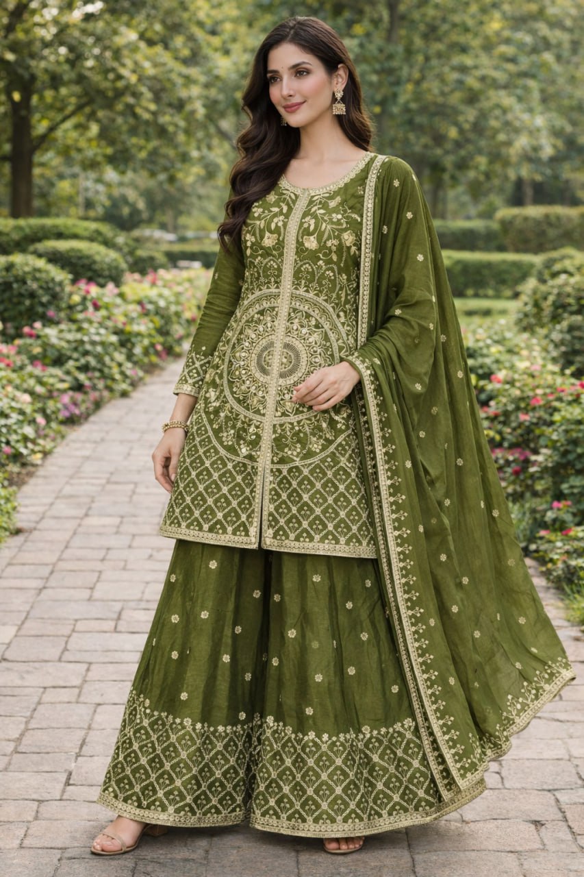 Designer Green Color Sequence Embroidered Sharara Suit