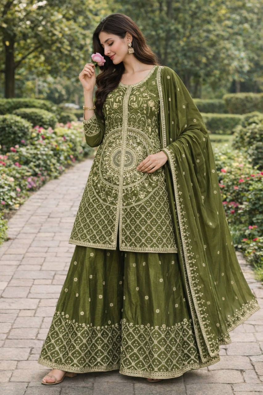 Designer Green Color Sequence Embroidered Sharara Suit