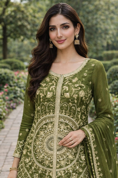 Designer Green Color Sequence Embroidered Sharara Suit