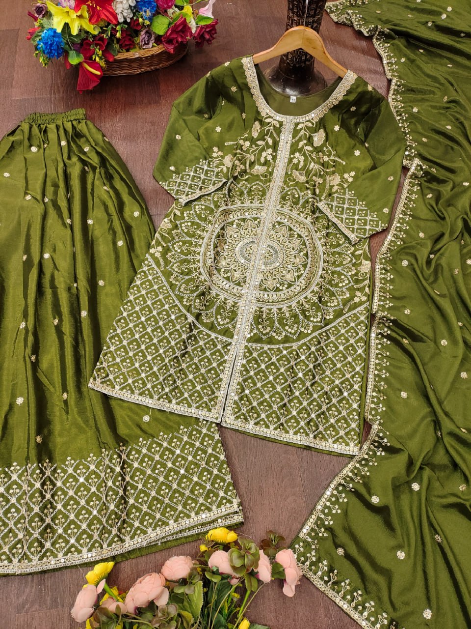 Designer Green Color Sequence Embroidered Sharara Suit